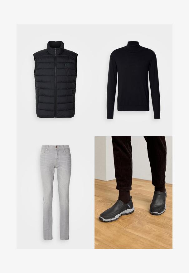 Gilet matelassé noir avec un col haut, fermeture éclair sur le devant et deux poches latérales. Présente un motif matelassé cousu et un petit logo sur la poitrine.; Pull à col montant noir en tissu doux. Doté de manches longues, d'un col et de poignets côtelés, avec une texture lisse et sans motifs.; Jeans en denim gris clair à coupe droite, dotés de cinq poches, d'une fermeture à bouton et de détails de froissés subtils.; Chaussures noires à enfiler avec des dessus en cuir texturé et une semelle en caoutchouc gris, posées sur un sol en bois et accompagnées de pantalons en velours côtelé.