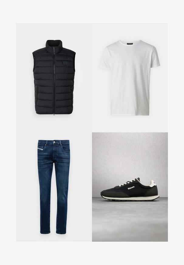 Sort fjervest med høj krave, lynlås foran og to sidelommer. Har syet quiltet mønster og et lille logo på brystet.; Hvid kortærmet T-shirt med rund hals i bomuld med en glat tekstur. Har et mærke ved kraven. Enkel, ensfarvet design.; Mænds mørkeblå slim-fit jeans med fem lommer, knaplukning og subtilte slidte detaljer på lårene og knæene.; Sort og grå sneaker med overdel i tekstureret materiale, hvide snørebånd og en cremefarvet sål. Har et logo på siden og en polstret krave for komfort.