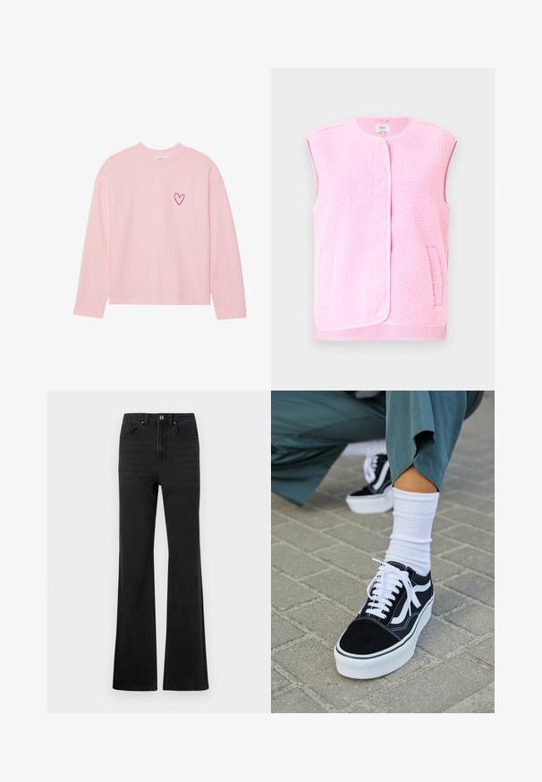 Gilet sans manches en polaire rose, avec encolure ronde, boutons-pression sur le devant et poches latérales. Texture douce et détail de finition contrasté.; Sweatshirt à manches longues rose clair en tissu doux. Présente un petit cœur brodé sur la poitrine gauche. Col et poignets côtelés.; Jeans en denim noir taille haute avec bouton avant, passants de ceinture et jambes légèrement évasées sur fond blanc.; Baskets en suède noir avec des accents et des lacets blancs, présentant une épaisse semelle blanche et des coutures contrastantes, associées à une chaussette blanche.