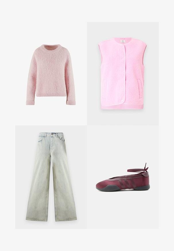Gilet sans manches en polaire rose, avec encolure ronde, boutons-pression sur le devant et poches latérales. Texture douce et détail de finition contrasté.; Pull léger rose en matière douce et duveteuse. Présente un col rond et des poignets côtelés. Design simple et confortable sans motifs.; Jean en denim à taille haute, coupe large et lavage clair, doté de poches avant, passants pour ceinture et une fermeture par bouton brun à la taille.; Ballerine bordeaux avec semelle noire, brides élastiques à la cheville nouées en nœud, et détails cousus sur les côtés, vue de l'extérieur.