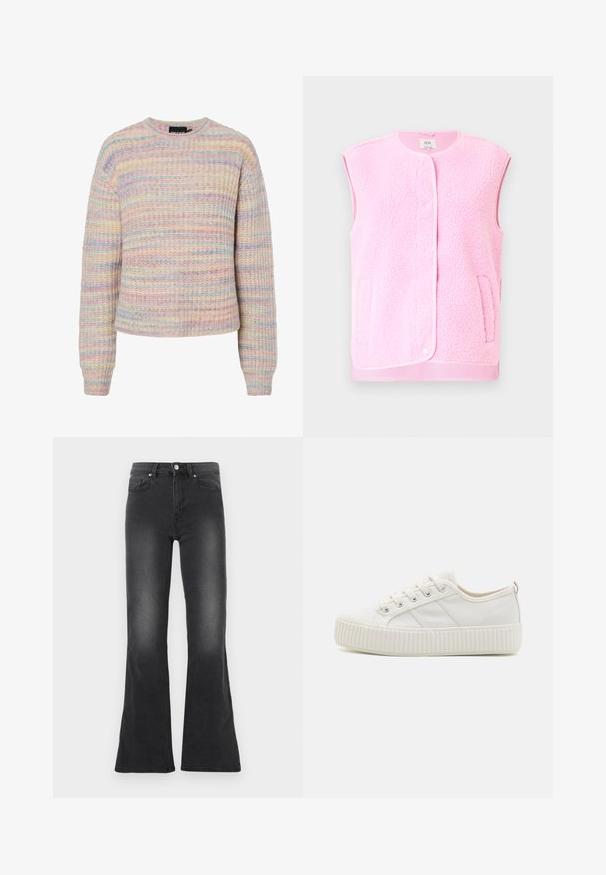Rosa Fleece-Weste mit ärmellosem Design, rundem Ausschnitt, vorderen Druckknöpfen und Seitentaschen. Weiche Textur und kontrastierende Besatzdetails.; Pastellgestreifte Pullover aus strukturiertem Strickstoff. Mit Rundhalsausschnitt, langen Ärmeln und lockerer Passform. Die Farben umfassen Rosa, Blau und Creme.; Schwarze Schlagjeans aus Denim mit ausgewaschenem Finish, ausgestattet mit Knopfverschluss, Fünf-Taschen-Design und hohem Bund.; Weiße Segeltuchturnschuhe mit einer strukturierten Gummisohle, runder Zehenpartie und Schnürdesign, das drei seitliche Streifen aufweist.