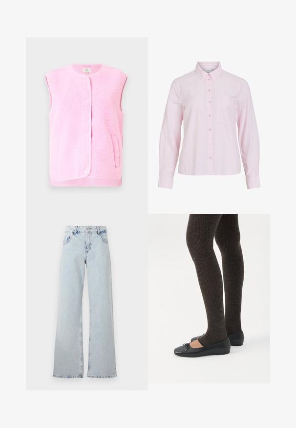 Gilet sans manches en polaire rose, avec encolure ronde, boutons-pression sur le devant et poches latérales. Texture douce et détail de finition contrasté.; Chemise rose pâle à manches longues avec des rayures blanches verticales, fermeture boutonnée à l'avant, col et poche poitrine gauche. Tissu en coton lisse.; Jeans large bleu clair en denim, avec une taille haute, des passants de ceinture, cinq poches et des zones décolorées pour un aspect vintage.; Jambes portant des leggings côtelés foncés associés à des ballerines noires avec de petits détails en nœud sur fond blanc.