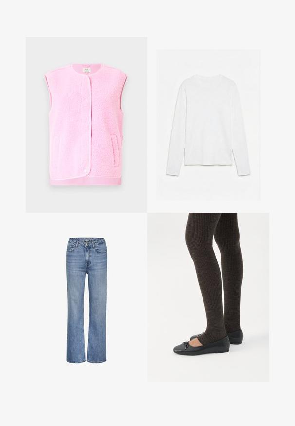 Roze fleecevest zonder mouwen, met ronde hals, drukknoopsluiting aan de voorkant en zijzakken. Zachte textuur en contrastkleurige biesdetails.; Effen wit, langarmig shirt met ronde hals, plat neerligt op een witte ondergrond, waarbij de voorkant en de volledige mouwlengte zichtbaar zijn.; Blauwe high-waisted straight-leg denim jeans met een knoop sluiting aan de voorkant, ritssluiting en vijf-pocket ontwerp.; Benen met donkere geribbelde leggings gecombineerd met zwarte ballerina's met kleine strikdetails op een witte achtergrond.