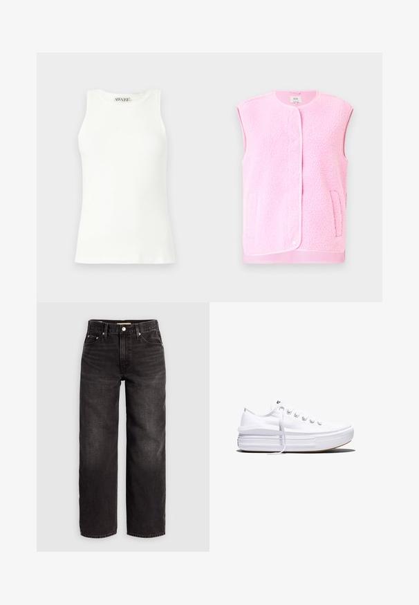 Gilet sans manches en polaire rose, avec encolure ronde, boutons-pression sur le devant et poches latérales. Texture douce et détail de finition contrasté.; Débardeur blanc sans manches en tissu côtelé avec un col arrondi et une coupe ajustée. Texture lisse et logo de la marque discret au niveau du col.; Levi's® BAGGY DAD - Jean baggy - shrink up; Baskets basses blanches en toile avec semelle plateforme épaisse, lacets sur le devant et embout en caoutchouc texturé, vues de profil.