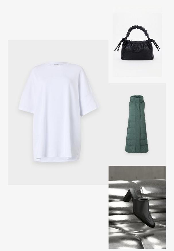 Gepolsterte ärmellose Jacke in Dunkelgrün, mit hohem Kragen, vertikalem Reißverschluss und horizontalem Steppmuster zur Wärmedämmung.; Oversized, kurzärmliges weißes T-Shirt aus Baumwolle. Runder Halsausschnitt, Seitenschlitze am Saum und glatte Textur ohne sichtbare Muster oder Akzente.; Schwarzer Leder-Mule mit Blockabsatz, der auf einer glänzenden silbernen, gepolsterten Oberfläche liegt und sein schlankes Design sowie die geschwungenen Details hervorhebt.; Schwarze Handtasche mit Krokodilstruktur, gerafftem oberen Rand, zusammengezogenem Griff und Zugkordeln mit Quasten an jeder Seite vor weißem Hintergrund.