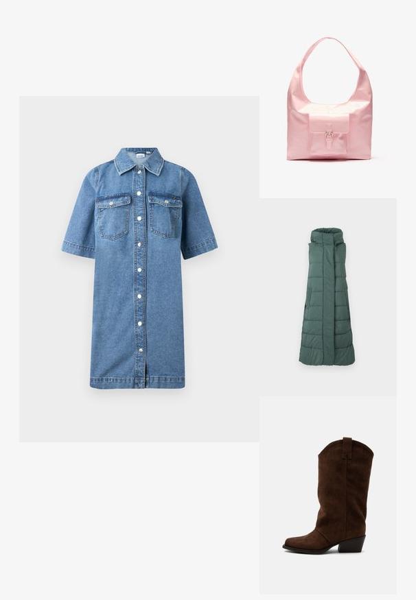 Vahva ilman hihattomia takki tummanvihreänä, jossa on korkea kaulus, pystysuora vetoketjusuljenta ja vaakasuora ommelkuvio eristyksen vuoksi.; Denimmaatushki, vaaleansininen, lyhyet hihat, napitettava etuosa, kaksi rintataskua, suora leikkaus ja hieman levenevä helma.; Ruskea mokkanahkainen cowboy-saapas puoliväliä sääreen, matalalla pinoskorolla ja vetoläpällä yksinkertaisella vaalealla taustalla.; Vaaleanpunainen laukku, jossa on kiiltävä pinta, suuri olkahihna, edessä tasku, jossa on koristeellinen soljeyksityiskohta. Sujuva rakenne, minimalistinen muotoilu.