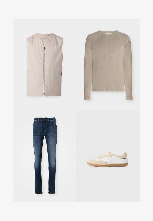 Ærmeløs beige vest med lynlåslukning foran og en rund halsudskæring, vist fladt på en lys baggrund.; Beige langærmet ribstrikket sweater med rund halsudskæring og raglanærmer, vist på en neutral baggrund.; Mørkeblå denim jeans med slim fit, der har fem lommer, gyldent syninger og en let slidtageret front for et afslappet look.; Hvid sneaker med lysebeige ruskindsdetaljer, perforeret detaljering, flade snørebånd og sål i gummigummi. Indeholder stribet branding på hælen.