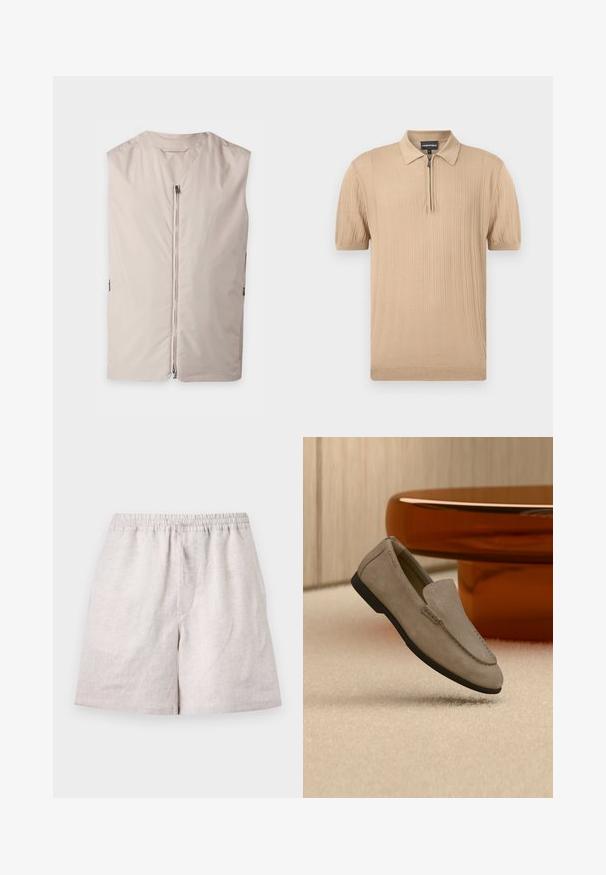 Veste beige sans manches avec une fermeture éclair à l’avant et un col rond, présentée à plat sur un fond clair.; Polo en maille beige à manches courtes avec un motif texturé et une demi-fermeture éclair à l'avant, doté d'un col classique ainsi que d'un ourlet et de poignets côtelés.; Shorts en lin beige clair avec taille élastique et cordon, longueur au genou, disposés à plat sur fond blanc.; Mocassin en suède marron clair avec semelle noire, posé sur un tapis beige devant une table circulaire marron réfléchissante contre un mur en bois.