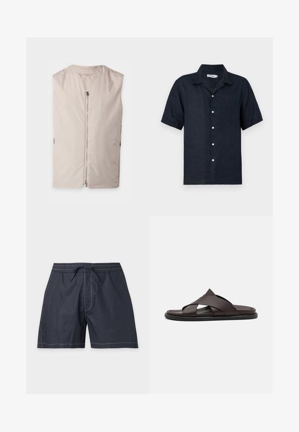 Veste beige sans manches avec une fermeture éclair à l’avant et un col rond, présentée à plat sur un fond clair.; Chemise noire à manches courtes avec boutons, col pointu et poche poitrine, présentée sur fond blanc uni.; Short de bain bleu marine avec coutures blanches, taille élastique, poches latérales et fermeture à nouer sur le devant.; Stuart Weitzman BERKLEY - Mules - espresso
