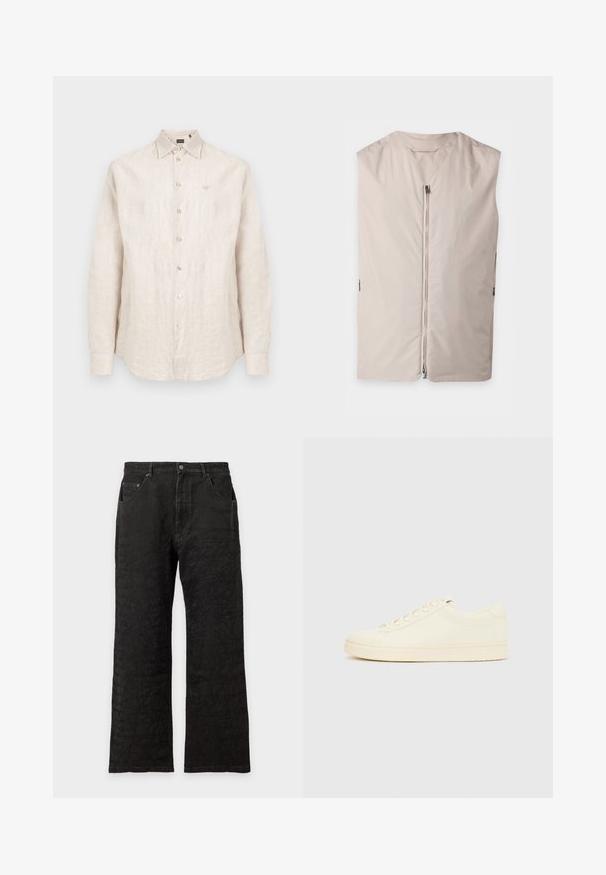 Veste beige sans manches avec une fermeture éclair à l’avant et un col rond, présentée à plat sur un fond clair.; Chemise en lin beige à manches longues avec boutons, col et logo brodé subtil sur la poitrine gauche.; Jean noir à coupe droite avec poches avant, fermeture par boutons et motif texturé subtil sur tout le tissu.; Baskets couleur crème avec une tige en cuir lisse, bout arrondi, laçage à l'avant et semelle en caoutchouc texturée. Design minimaliste, sans logo.