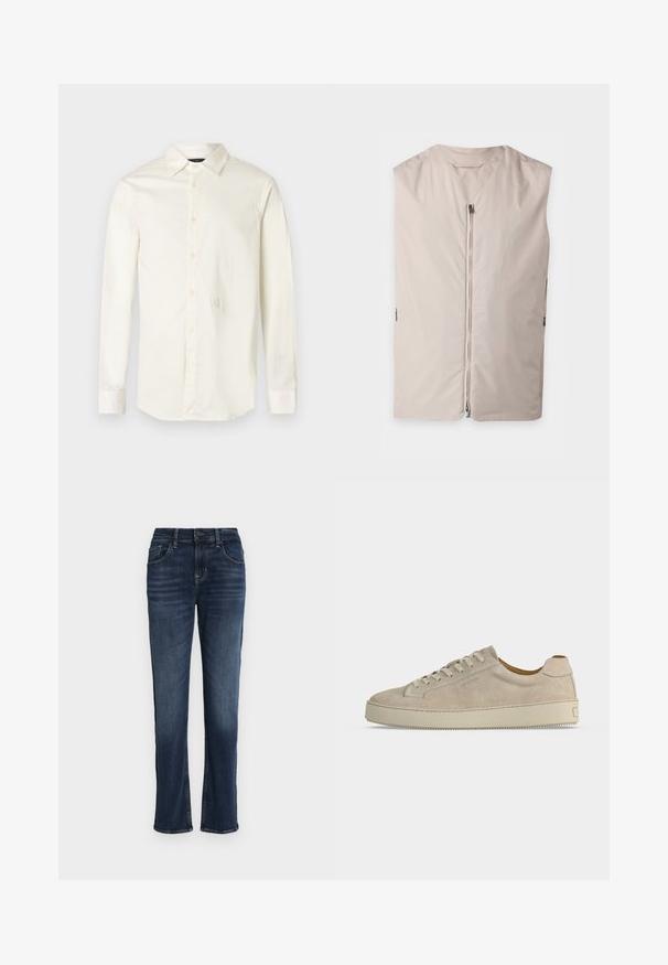 Veste beige sans manches avec une fermeture éclair à l’avant et un col rond, présentée à plat sur un fond clair.; Chemise blanche à manches longues en coton. Elle présente un col pointu, une patte de boutonnage à l'avant et un logo subtil brodé sur la poitrine.; Jean droit en denim bleu avec une fermeture à bouton et zip, des poches devant et derrière, et des détails délavés subtils sur les cuisses.; Baskets basses beiges en daim avec fermeture lacée et semelle épaisse en caoutchouc, vues de profil sur fond blanc uni.