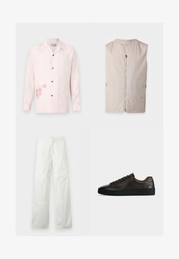 Veste beige sans manches avec une fermeture éclair à l’avant et un col rond, présentée à plat sur un fond clair.; Chemise rose pâle à manches longues avec boutons, col cranté et petit imprimé floral rose en bas à gauche.; Pantalon blanc à jambes larges avec taille boutonnée et deux grandes poches cargo boutonnées sur les cuisses, présenté à plat sur fond blanc.; Baskets basses en cuir marron foncé avec semelle en caoutchouc noire, lacets à l'avant et design minimaliste épuré sur fond clair.