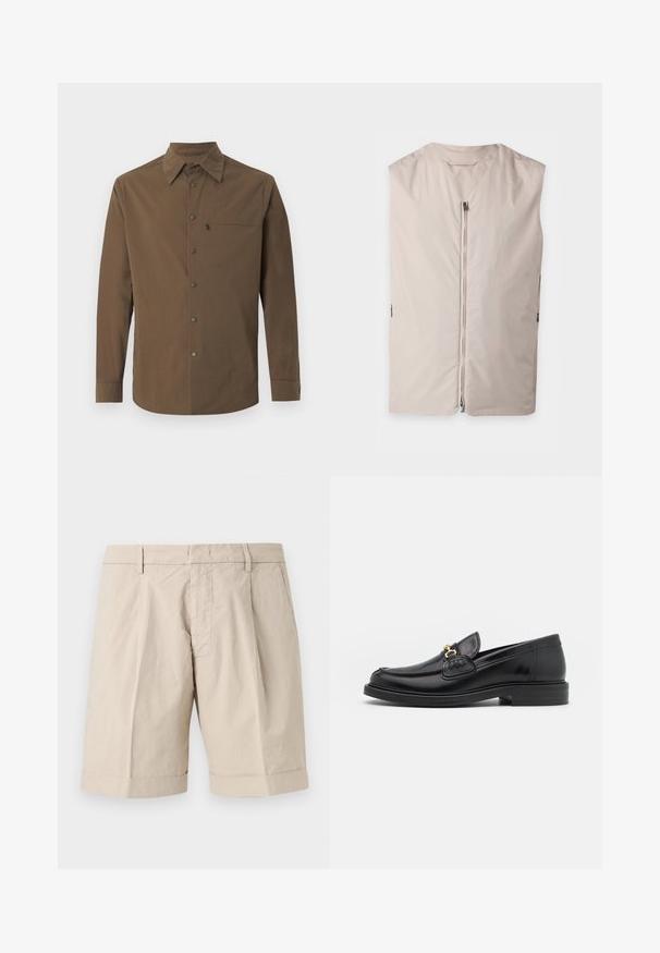 Veste beige sans manches avec une fermeture éclair à l’avant et un col rond, présentée à plat sur un fond clair.; Chemise marron à manches longues avec un col classique, des boutons-pression sur le devant, et une poche poitrine zippée sur le côté gauche.; Shorts beige jusqu'au genou avec passants de ceinture, poches latérales, plis sur le devant et ourlet retroussé.; Mocassins en cuir noir avec un embout rond, présentant des accents en métal doré et des détails de couture, montés sur une semelle en caoutchouc texturé et basse.