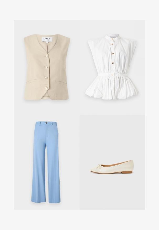 Beige vest med V-hals, fem knapper og sidelommer. Fremstillet af struktureret stof med en skræddersyet design.; Hvid ærmeløs bluse med mandarinhals, guldteksturerede knapper, indsnævret talje og udvidet peplumkant.; Lys blå vide bukser lavet af et glat stof, med knaplukning og forlommer. Rent, skræddersyet design uden mønstre.; Balletflad i creme læder med en rund tå og en lille sløjfedetalje foran. Har en lav, tan gummihæl og en glat overflade.