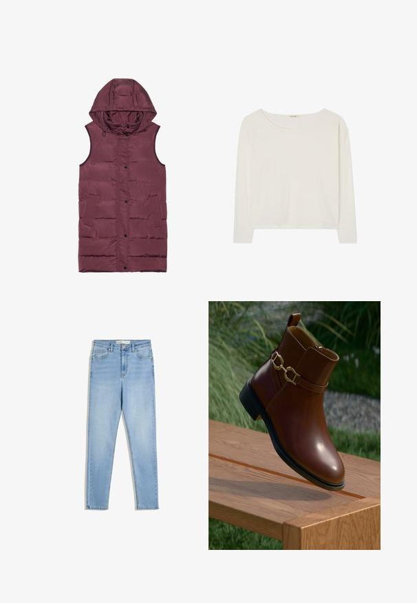 Bordeaux puffer vest met een capuchon, voorzien van een rits- en knoopsluiting, zijzakken en verticale stikselaccenten aan de zijkanten.; Witte lange mouwen top met een ronde halslijn, lichtgewicht katoenen stof en een losse pasvorm. Eenvoudig ontwerp zonder patronen of versieringen.; Lichtblauwe denim jeans met een hoge taille, smalle pijpen, voorzakken en een ritsluiting. De stof toont een subtiele vervaging.; Bruine leren enkelboot met een gouden kettingaccent, gestapeld hakje en een gladde textuur. Voorzien van een ritsluiting en een lipje voor gemakkelijk aan- en uittrekken.