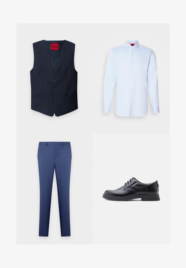 Chaleco azul marino con diseño de cuello en V, seis botones en la parte delantera, dos bolsillos laterales y una etiqueta roja de HUGO en el interior. Textura de tela ajustada.; Camisa de botones de manga larga en azul claro con cuello extendido, dobladillo redondeado y botones blancos. Tejido suave con un brillo sutil.; Pantalones de vestir para hombre en azul, ajustados, con trabillas para cinturón, cremallera en la parte delantera y detalles de plisado, exhibidos sobre un fondo blanco.; Zapatos de piel negra con cordones, textura lisa, puntera redondeada y detalles sutiles de costura. Cuentan con una lengüeta roja en el talón.