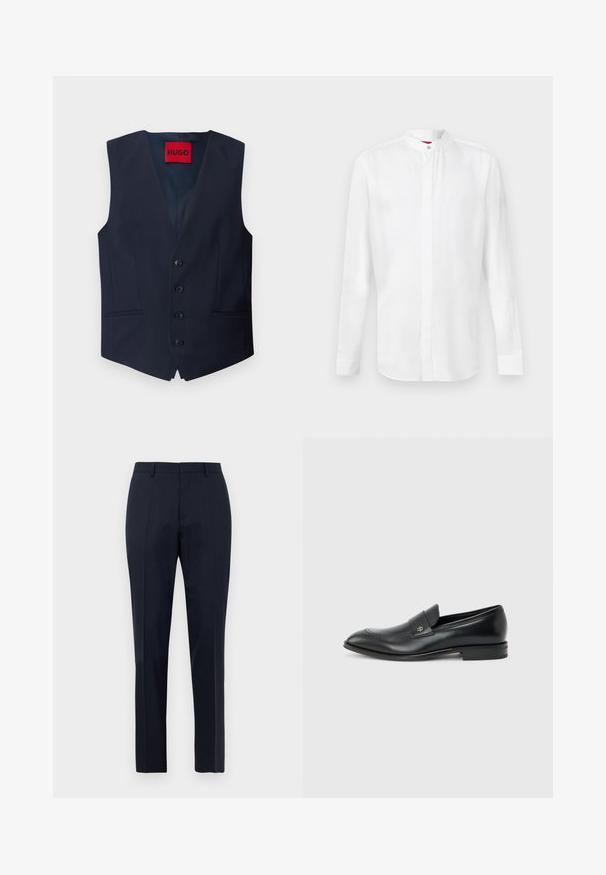 Chaleco azul marino con diseño de cuello en V, seis botones en la parte delantera, dos bolsillos laterales y una etiqueta roja de HUGO en el interior. Textura de tela ajustada.; Camisa blanca de manga larga con cuello mao y tapeta con botones ocultos, mostrada sobre un fondo claro y liso.; Pantalones de vestir para hombre en azul marino, ajustados, con un sutil patrón de cuadros, pasadores para cinturón y pliegue frontal, exhibidos de frente sobre fondo blanco.; Mocasín de cuero negro para hombre con tacón bajo, punta redondeada y pequeño logo metálico en la correa, mostrado de perfil sobre un fondo liso.