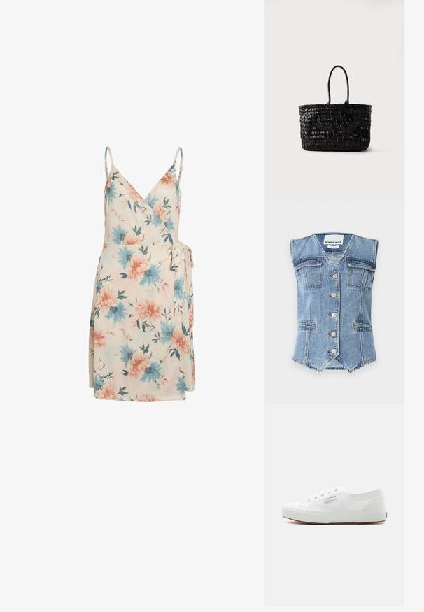 Denimvest i lys blå med ærmeløs design, spidst skjorte, fire lommer og sølvknapper foran. Struktureret stoffinish.; Blomsteromviklet kjole i creme med blå og pink blomster, justerbare stropper og sidebinding. Blødt stof med et flydende, let design.; Hvid lavtop lærreds-sneaker med hvid gummisål, snørebånd og "Superga" logo på siden.; Sort vævet lædertaske med to afrundede håndtag, stående oprejst på en ensfarvet hvid baggrund.