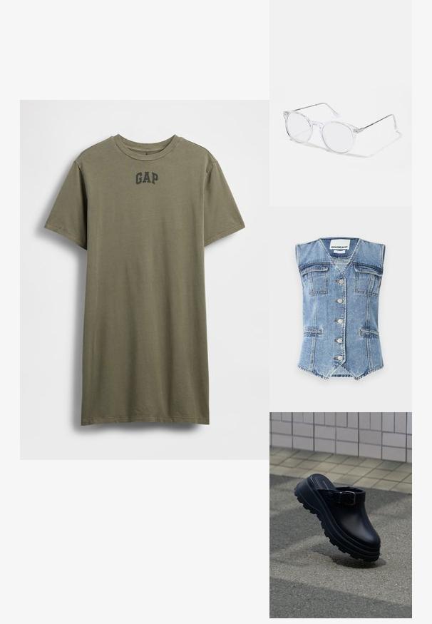 Denimweste in Hellblau mit ärmellosem Design, spitzem Saum, vier Taschen und silbernen Knöpfen auf der Vorderseite. Strukturierte Stoffoberfläche.; Olivgrünes Baumwoll-T-Shirt mit kurzen Ärmeln, Rundhalsausschnitt und schwarzem "GAP"-Logo mittig auf der Brust. Einfaches Design, einfarbig.; Schwarzer Slip-on-Clog mit dicker profilierten Sohle und verstellbarem Riemen, über Asphalt positioniert, mit gefliester Wand im Hintergrund.; Klare, runde Metallbrillen mit transparenten Kunststoffgläsern und silbernen Metallbügeln. Minimalistisches Design mit dezenten Details am Scharnier.