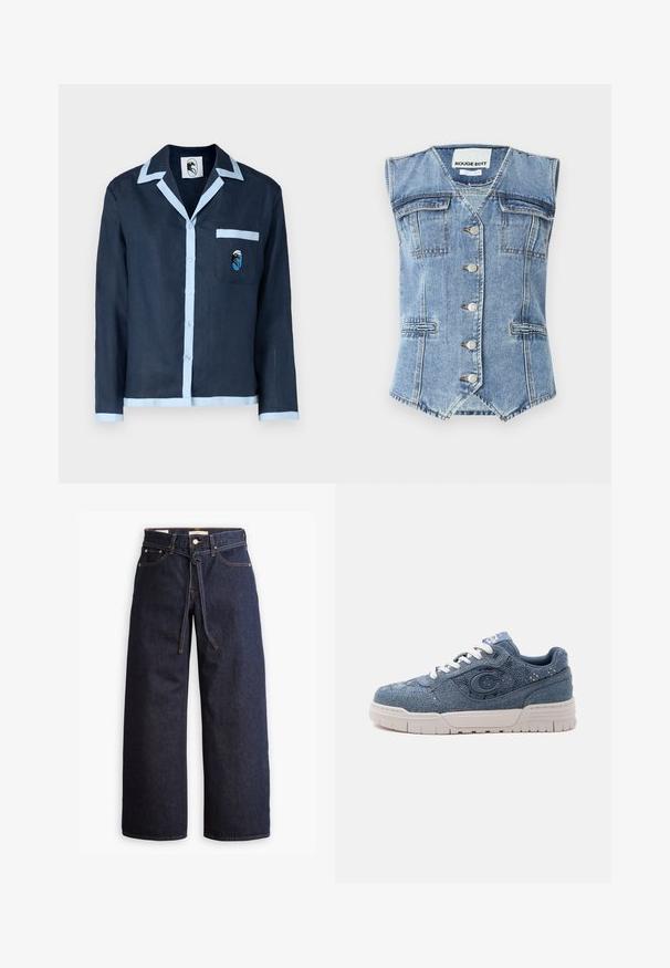 Vaate denimliivi vaaleansinisessä, jossa on hihaton muotoilu, terävä helma, neljä taskua ja hopeiset napit edessä. Karkea kangasviimeistely.; Navy-linned shirts med lyseblå krave og lommebånd. Har en brystlomme med et broderet design. Knaplukning ned foran.; Korkeavyötäröiset tummansiniset leveälahkeiset farkut, joissa on narunauhakuja, viisi taskua ja kontrastiväriset ompeluseikat.; Sininen denim-tennari valkoisella pohjalla ja nauhoilla, jossa suuri "C"-logo sivussa ja teksturoitu kangasdesign.
