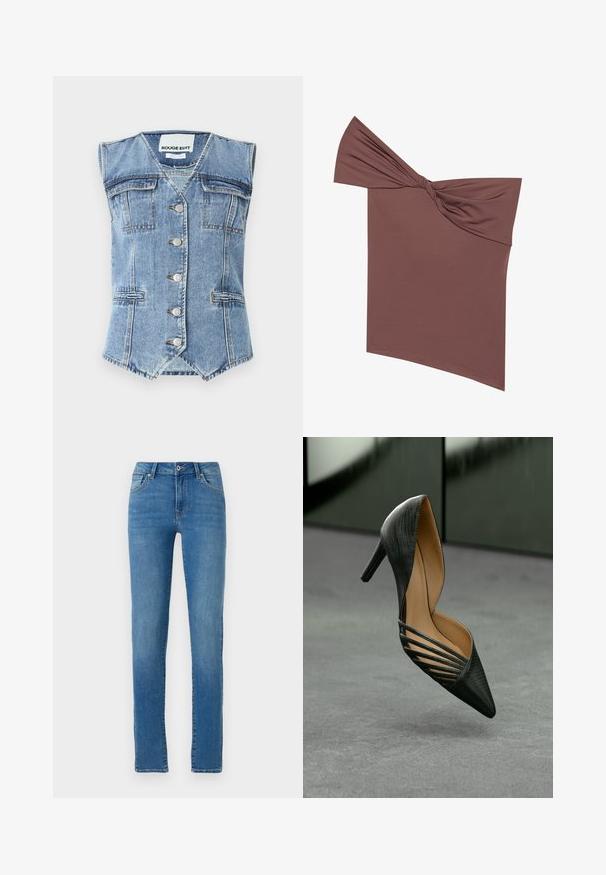 Denim vest in lichtblauw met een mouwloos ontwerp, een puntige onderkant, vier zakken en zilveren knopen aan de voorkant. Gelaagde stoffen afwerking.; Bruine gedraaide top met ééne schouder in een soepele, rekbare stof. Kenmerkt zich door een asymmetrisch ontwerp met een knoopdetail aan de zijkant.; Blauwe denim jeans met een rechte pasvorm, vijf zakken, sluiting met een knoop aan de voorkant en subtiele stiksels. Schoon ontwerp met een middelgrote wassing.; Zwarte hoge hak schoen met een puntige neus, een gestructureerde buitenkant en opvallende zijuitsparingen, gepresenteerd tegen een neutrale achtergrond.