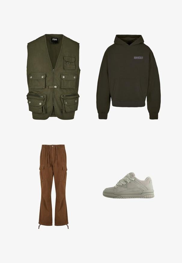 Olijfgroene vest van stof, met een rits aan de voorkant, meerdere voortassen en drukknoopsluitingen. Geen mouwen, praktisch ontwerp voor dagelijks gebruik.; Donkergroen katoenen hoodie met een voorzak, ribgebreide cuffs en zoom, voorzien van een gestileerd tekstlogo op de borst in een lichtere tint.; Bruine cargobroek met een elastische tailleband, trekkoorddetails, twee zijzakken en bredere pijpen met verstelbare zoom.; Laag model grijze sneaker met dikke, gestructureerde veters, gevoerde kraag, gestikte panelen en een geribbeld rubberen zool voor grip.