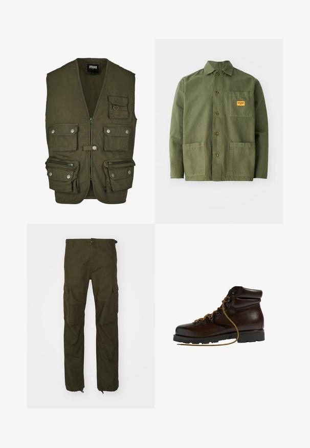 Gilet vert olive en tissu, avec une fermeture éclair sur le devant, plusieurs poches avant et des fermetures à pression. Sans manches, conception pratique pour un usage utilitaire.; Veste verte olive en coton épais, avec un col pointu, des boutons à l'avant et deux grandes poches plaquées. Comprend un petit patch avec un logo.; Pantalons cargo vert olive en tissu durable, avec une fermeture à bouton, plusieurs poches latérales et des poignets élastiques aux chevilles.; Bottine de randonnée en cuir marron avec un bout arrondi, surface texturée, lacets jaunes et œillets en métal. Dotée d'une semelle en caoutchouc noir robuste.