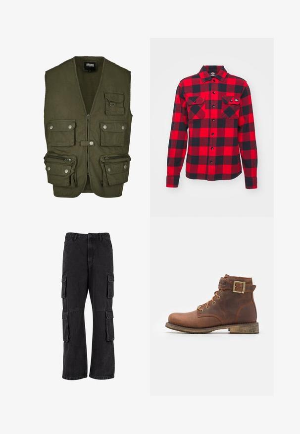 Oliven grønt vest lavet af stof, med lynlås foran, flere frontlommer og trykknaplukninger. Ingen ærmer, praktisk design til anvendelse.; Rød og sort ternet flanelskjorte med lange ærmer, to brystlommer og knaplukning, med en klassisk krave og tekstureret stof.; Sorte cargo-bukser lavet af denim, med en løs pasform, flere sidelommer og syet detaljer. Teksturen er let falmet.; Harley Davidson VNTGMOTO SHORT RIDING APPROVED - Cowboy- / bikerstøvlette - brown