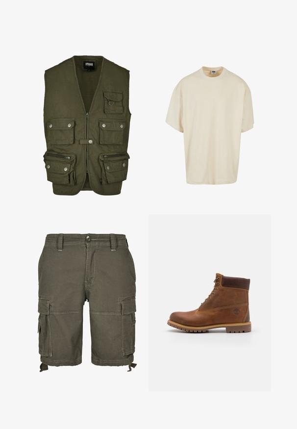 Oliven grønt vest lavet af stof, med lynlås foran, flere frontlommer og trykknaplukninger. Ingen ærmer, praktisk design til anvendelse.; Cremefarvet t-shirt med korte ærmer, afslappet pasform og rund halsudskæring; lavet af blødt bomuld med subtile syningsdetaljer.; Oliven grønne cargo-shorts lavet af slidstærkt stof, med flere sidelommer, bæltestropper og syede detaljer for ekstra struktur.; Brun læder vandrestøvle med en glat finish, polstret ankel, metalliske snørehuller og en gummisål med et robust dækmønster.