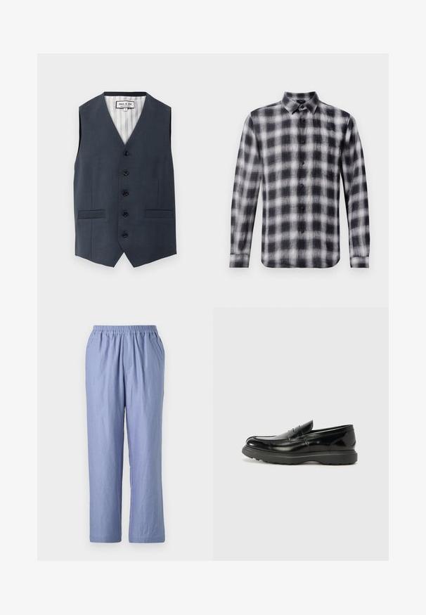 Gilet ajusté marine avec décolleté en V, six boutons, deux poches avant, doublure à rayures verticales et texture de tissu lisse.; Chemise à carreaux en noir et blanc, à manches longues, avec col, fabriquée en tissu léger au toucher doux, avec des boutons noirs.; Pantalon bleu clair à coupe fluide avec une taille élastique, deux poches latérales et des jambes droites. Fabriqué en tissu doux avec une texture lisse.; Mocassin en cuir noir avec une finition brillante, bout arrondi, détails de couture subtils et semelle en caoutchouc épaisse pour la durabilité.
