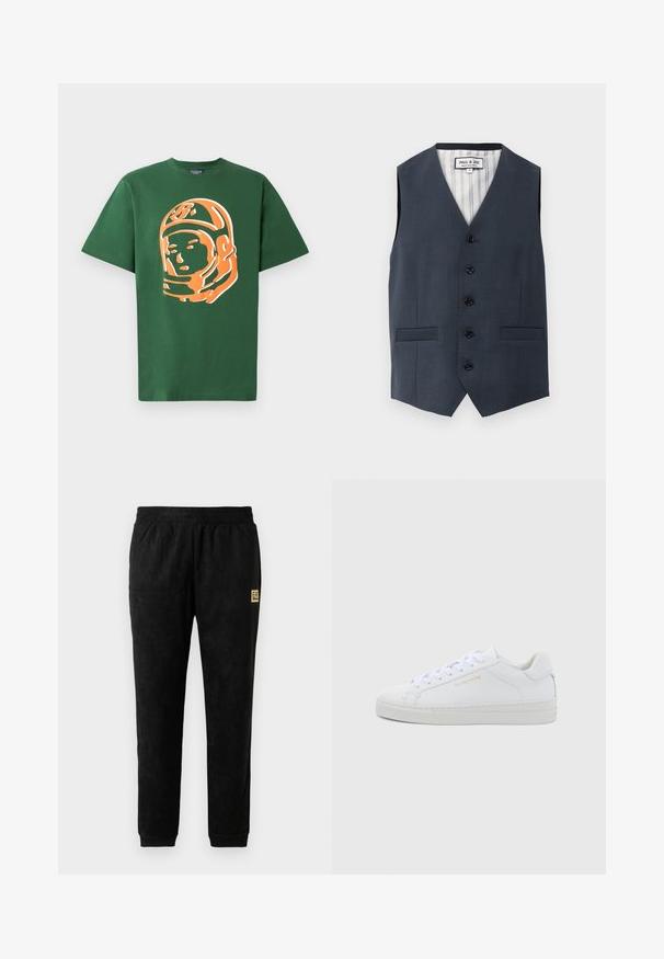 Marineblaues, maßgeschneidertes Weste mit V-Ausschnitt, sechs Knöpfen, zwei Vorderaschen, vertikal gestreiften Futter und glatter Stofftextur.; Grünes Baumwoll-T-Shirt mit einem großen, orangefarbenen Astronauten-Motiv auf der Vorderseite, kurzen Ärmeln und einem lässigen Schnitt.; Schwarze Velours-Jogginghosen mit elastischem Bund, gerippten Knöcheln, seitlichen Taschen und kleinem beigefarbenen EA7 Emporio Armani Logo-Aufnäher an der Oberschenkelseite.; Weiße Leder-Sneaker mit niedrigem Schnitt, runder Zehenpartie, flachen Schnürsenkeln, strukturierter Sohle und dezentem goldfarbenem Markenlogo an der Seite. Glatte Oberfläche und minimalistisches Design.
