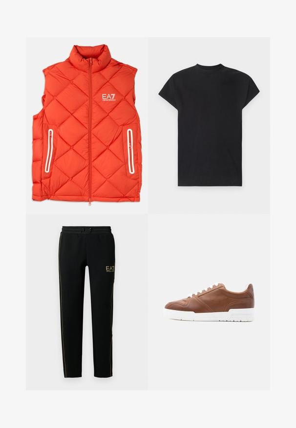 Pufvest i klar orange med høj krave, diamantquiltet mønster, frontlynlås og to sidelommer med lynlås. EA7-logoet er synligt.; Won Hundred CREED - T-shirts basic - black; Sorte joggingbukser har et tapered design, elastisk talje med snor og gyldne accentstriber langs siderne og logoet.; Lavprofil brun læder sneaker med hvide snørebånd og tyk hvid gummi sål, vist i sideprofil på ensfarvet lyse baggrund.