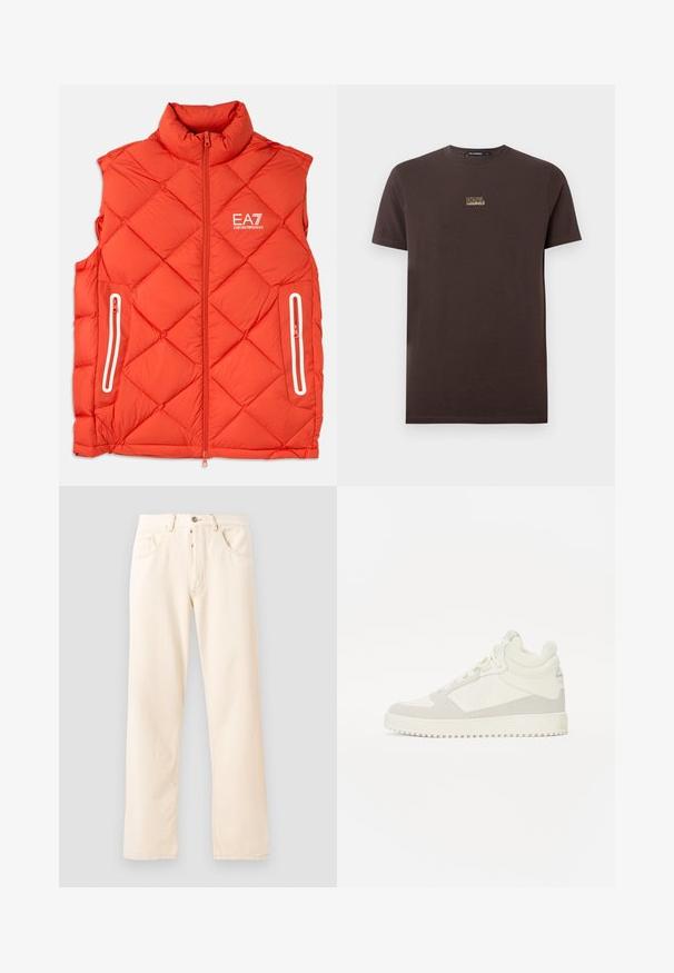 Eerste oranje puffer gilet met een hoge kraag, diamantvormig gestikt patroon, ritssluiting aan de voorkant en twee zijzakken met rits. EA7-logo zichtbaar.; Bruine katoenen T-shirt met korte mouwen en ronde hals, met een klein gouden geborduurd "KARL LAGERFELD" logo op de borst.; Lichtbeige denim jeans met een rechte pijp, vijf zakken en een sluiting met een knoop aan de voorkant. Stiksel zichtbaar langs de naden.; High-top sneakers van onverzorgd wit leer en suede, met een gestructureerd zijpaneel, ronde neus en een rubberen zool met een geribbeld patroon.