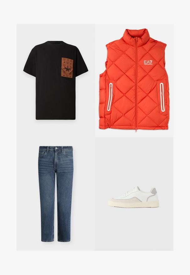 Eerste oranje puffer gilet met een hoge kraag, diamantvormig gestikt patroon, ritssluiting aan de voorkant en twee zijzakken met rits. EA7-logo zichtbaar.; Zwart T-shirt met een bruine zak met een reliëfpatroon en logo. Korte mouwen en ronde halslijn. Katoenen stof, casual pasvorm.; Blauwe denim jeans met rechte pijpen, voorzien van een knoopsluiting aan de voorkant, ritssluiting, riemlussen en een ontwerp met vijf zakken.; Witte sneakers met een bovenwerk van glad leer, grijze suède accenten, tonale stiksels en een lichtgrijze rubberen zool met textuur. Minimalistisch ontwerp.