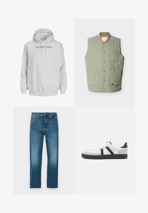 Lysegrøn quiltet vest uden ærmer med trykknapper, tre forlommer, ribbet krave og orange inderfor.; Lys grå hættetrøje med snore og "JACK & JONES" trykt hen over brystet i mørkeblå og lyseblå tekst.; Blå straight-leg denim jeans med frontknap og lynlås, to forlommer og subtile falmede detaljer.; Hvide sneakers med sorte og grå detaljer, med en tekstureret grå tåhætte, sort gummisål og flade hvide snørebånd. Rent design, minimalistisk stil.