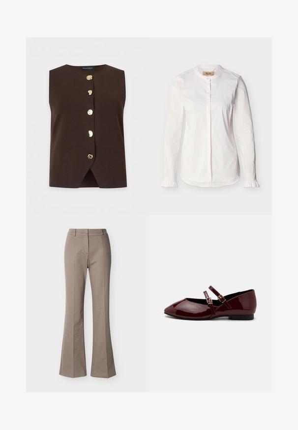 Haut sans manches marron foncé avec encolure ronde et cinq boutons dorés irréguliers sur le devant, avec une légère fente à l'avant de l'ourlet.; Blouse blanche à manches longues avec col mao, patte de boutonnage dissimulée, fines rayures verticales et poignets à volants, présentée sur un fond uni.; Pantalon beige taille haute à jambes larges, avec détails de couture à l'avant, passants de ceinture et fermeture frontale cachée, présenté sur un fond blanc.; Anna Field Babies - dark red