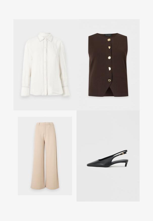 Haut sans manches marron foncé avec encolure ronde et cinq boutons dorés irréguliers sur le devant, avec une légère fente à l'avant de l'ourlet.; Chemise blanche à manches longues en tissu lisse avec un bouton à l'avant, un col pointu et des coutures noires contrastantes le long de la patte de boutonnage et des poignets.; Pantalon large beige taille haute avec passants pour ceinture et fermeture avant dissimulée sur fond blanc.; Des escarpins à talon ouvert noirs avec un bout pointu, une texture en cuir lisse, un petit talon aiguille, et une sangle avec un accent de boucle en métal.