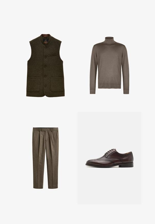 Gilet en laine marron foncé boutonné avec col montant, deux poches plaquées basses et une poche poitrine passepoilée.; Pull en col roulé marron en tissu lisse, doté d'un col ajusté, de manches longues et de bord-côtes aux poignets et à l'ourlet.; Pantalon marron pour homme, coupe ajustée avec plis devant, poches latérales, passants de ceinture et coupe droite.; ALDO DONALD - Derbies & Richelieus - dark brown