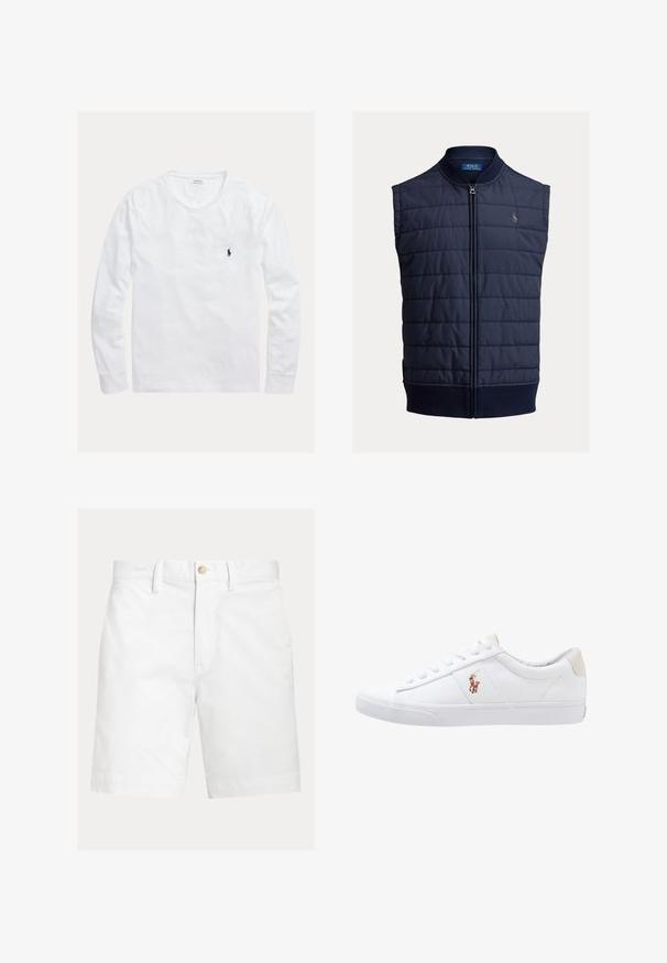 Marineblaue gesteppte Weste mit gesteppter Struktur, hohem Kragen, Frontreißverschluss und einem kleinen gestickten Logo auf der Brust.; Weißes Langarmshirt mit Rundhalsausschnitt und kleinem dunkelblauem Polo Ralph Lauren-Logo, das auf der linken Brust gestickt ist.; Weiße kniehohe Shorts mit Gürtelschlaufen und braunem Knopfverschluss an der Taille, auf schlichtem Hintergrund dargestellt.; Weiße Leinensneaker im Low-Top-Design mit einem beigen Ferseneinsatz und einem kleinen gestickten Logo an der Seite. Gummisohle.
