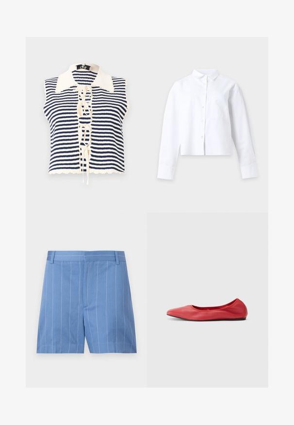 Haut sans manches rayé bleu marine et crème avec un devant boutonné, featuring un col festonné et un détail lacé au centre.; Chemise blanche à manches longues avec col et poche devant, posée à plat sur un fond clair uni.; Shorts bleu clair avec des rayures verticales blanches, présentant une texture lisse, un devant plat et une taille standard avec des passants de ceinture.; Filippa K REY FLATS - Ballerines - bright red
