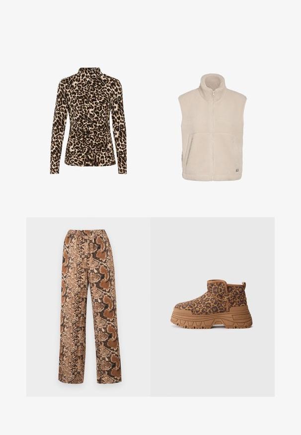 Veste sans manches en polaire beige avec col montant, fermeture éclair à l'avant et deux poches latérales zippées.; Haut à manches longues avec un col montant, imprimé léopard dans des tons bruns et beiges, avec des détails froncés à l'avant pour une mise en forme.; Pantalons large avec un motif en serpent brun et noir, taille élastique et tissu texturé avec une finition lisse.; Bottine plateforme avec un dessus en imprimé léopard marron et noir et une semelle épaisse beige sur fond blanc.
