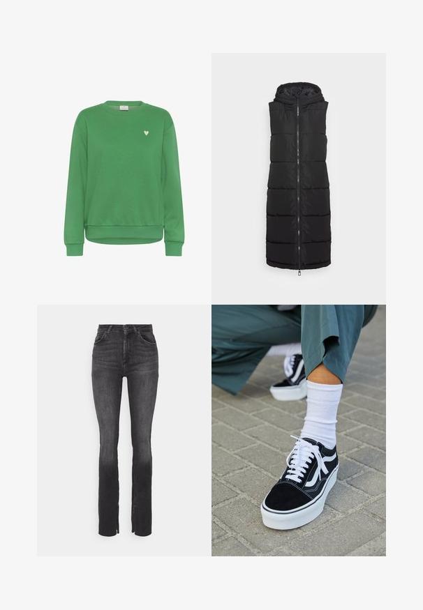 Gilet rembourré noir avec capuche, doté d'une fermeture éclair sur le devant, d'une longueur longue et d'un motif de matelassage horizontal. Fabriqué en matériau léger et brillant.; Sweat-shirt vert en coton, avec un col rond, des manches longues, des poignets côtelés et un petit accent en forme de cœur blanc sur la poitrine.; Jean noir en denim avec taille haute, coupe droite, légère décoloration, poches avant et fermeture éclair. Pas d'ornements ni de motifs.; Baskets en suède noir avec des accents et des lacets blancs, présentant une épaisse semelle blanche et des coutures contrastantes, associées à une chaussette blanche.