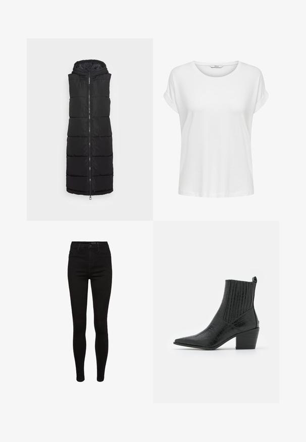 Schwarze gepolsterte Weste mit Kapuze, ausgestattet mit einem Reißverschluss auf der Vorderseite, langer Länge und horizontalem Steppmuster. Hergestellt aus glänzendem, leichtem Material.; Weißes Kurzarm-T-Shirt aus weicher Baumwolle. Mit rundem Halsausschnitt und umgeschlagenen Ärmeln. Einfaches Design ohne Muster oder Akzente.; Schwarze Skinny-Jeans aus Denim mit hoher Taille, Fünf-Taschen-Design, Gürtelschlaufen und subtilen Nähdetails. Glatte Textur, figurbetonte Form.; RAID ROCCO - Cowboy-/Bikerstiefelette - black