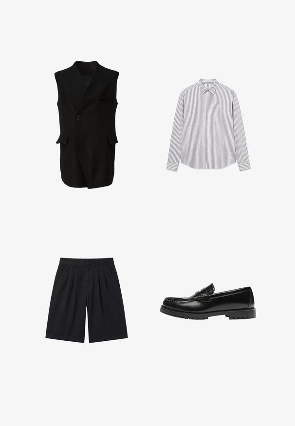 Veste sans manches noire en laine, dotée d'un col châle, d'une fermeture à un bouton et de deux poches avant avec rabats arrondis.; Chemise à manches longues boutonnée avec des rayures verticales grises et blanches et une poche poitrine, posée à plat sur un fond blanc.; Short noir longueur genou avec plis devant, poches latérales, passants de ceinture et fermeture par bouton à la taille, présenté à plat sur fond blanc.; Mocassin en cuir noir avec une semelle en caoutchouc épaisse et un détail classique de bride à monnaie, vu de côté extérieur.