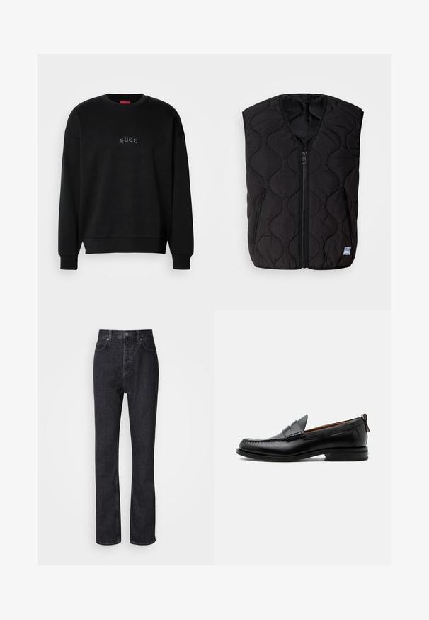 HUGO BOCOLINO - Γιλέκο - black; Μαύρος μακρυμάνικος μπλουζάκι crewneck με μικρό κεντραρισμένο κείμενο "hugo" σε ανοιχτό μπλε στο στήθος, με ριμπ μανσέτες και στρίφωμα.; Μαύρα τζιν παντελόνια με ψηλή μέση, κλείσιμο με κουμπί και φερμουάρ, μπροστινές και πίσω τσέπες, και ίσια γραμμή.; Μαύρο δερμάτινο ανδρικό μοκασίνι με ραφή moc toe, λουράκι penny, υφασμένο γιακά και χαμηλό συστοιχισμένο τακούνι σε λευκό φόντο.