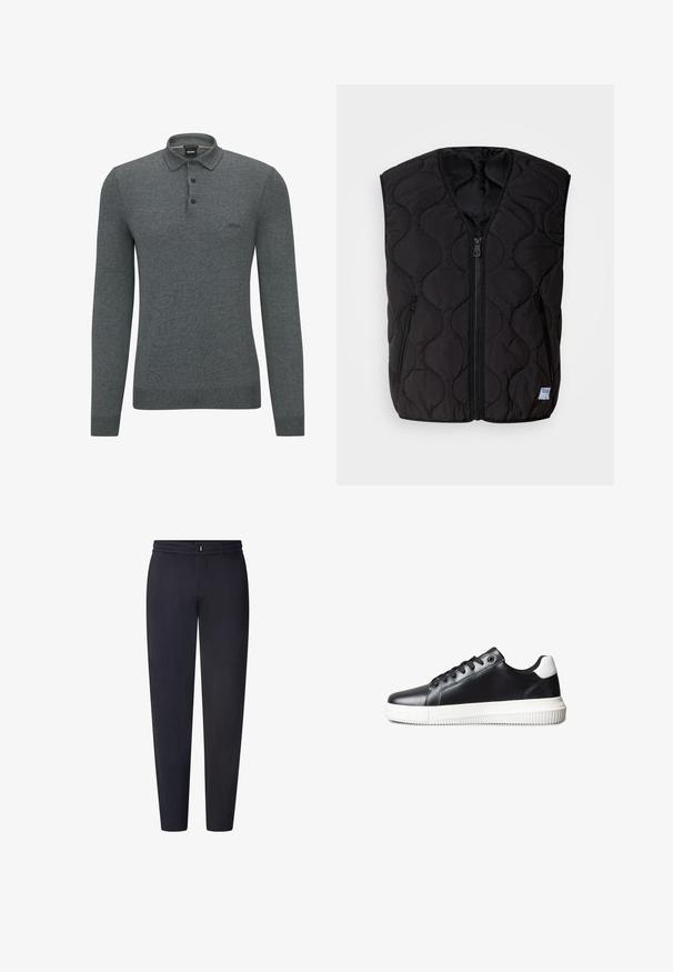 HUGO BOCOLINO - Vest - black; Grå langærmet polo skjorte lavet af blød, struktureret stof med krave, tre-knaps placket og diskret logo på brystet.; Sorte bukser med lige ben, knap- og lynlåslukning, smal talje og uden synlige lommer, vist mod en hvid baggrund.; Sorte lædersneakers med en glat tekstur, hvid gummisål, snørelukning og en kontrasterende hvid hældetalje.
