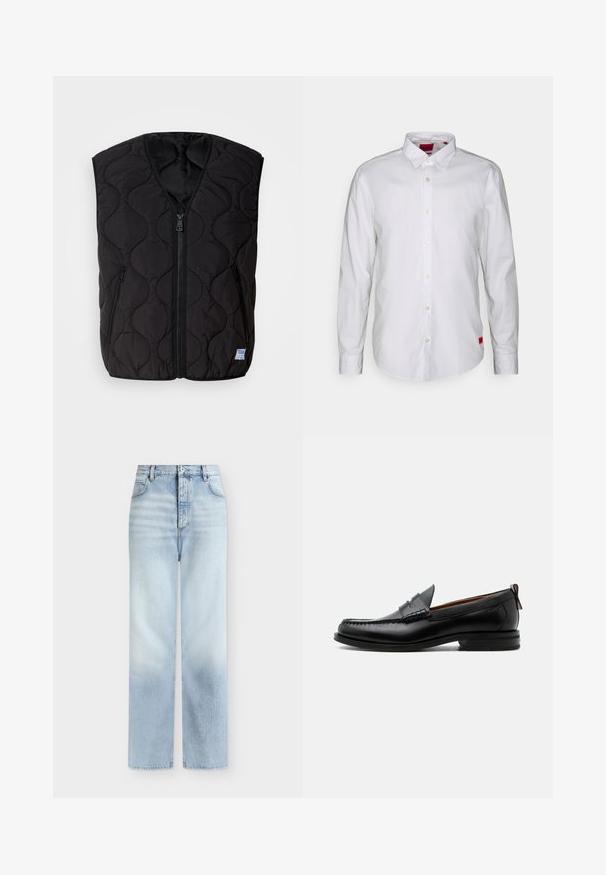 HUGO BOCOLINO - Veste sans manches - black; Chemise blanche à manches longues avec un col boutonné, fabriquée en tissu léger. Présente une étiquette de marque discrète en rouge sur le bas.; Jeans bleu clair taille haute à jambes droites, avec poches avant, passants de ceinture et fermeture par bouton.; Mocassin homme en cuir noir avec couture moc toe, bride penny, col texturé et petit talon empilé sur fond blanc.