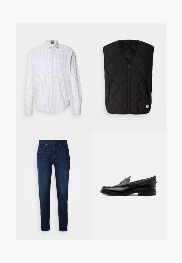 HUGO BOCOLINO - Chaleco - black; Camisa de manga larga abotonada en blanco con un patrón de cuadros en azul. Presenta un cuello clásico y un bolsillo en el frente. Tejido suave con un ajuste estructurado.; Jeans de mezclilla azul oscuro con un diseño de pierna recta, que cuentan con bolsillos y un cierre de botón en la cintura. Textura suave, detalles de desvanecimiento mínimos.; Mocasín de hombre de piel negra con costura moc toe, tira penny, cuello texturizado y tacón bajo apilado sobre fondo blanco.