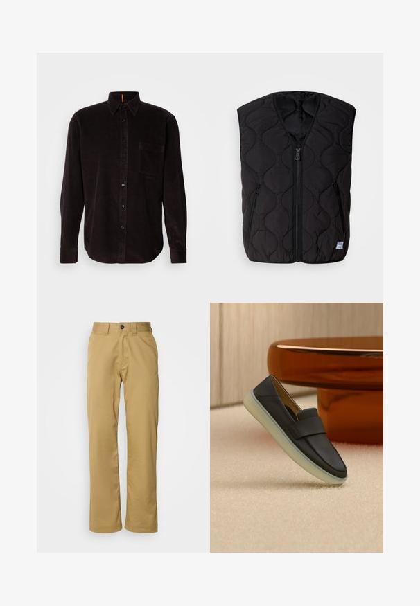 HUGO BOCOLINO - Vest - black; Mørkebrun corduroy skjorte med knaplukning fortil, spids krave, lange ærmer, enkelt brystlomme og struktureret ribbet mønster.; Beige bukser lavet af glat stof, med en standard pasform, to sidelommer og en enkelt knaplukning i taljen.; Sort lædersko med tyk hvid sål vist på beige tæppe ved siden af et rundt bord i ravfarve.