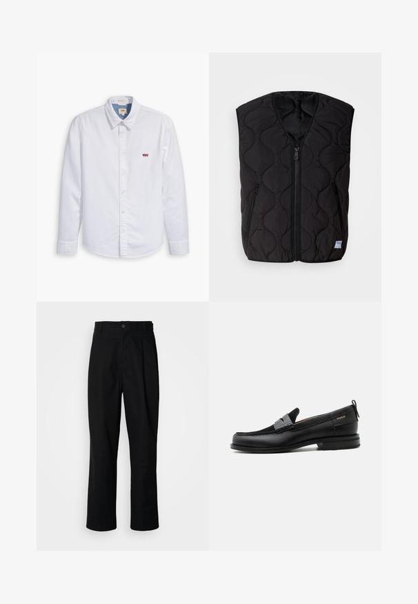 HUGO BOCOLINO - Chaleco - black; Camisa de botón de manga larga blanca hecha de algodón. Presenta un cuello puntiagudo y un pequeño logo rojo de Levi's en el pecho izquierdo. Textura suave.; Pantalones rectos negros con cintura con botones, trabillas para cinturón y pliegue frontal, exhibidos sobre un fondo blanco liso.; Mocasín de cuero negro con detalle de tira gris, tacón bajo y suela texturizada, con la marca "HUGO" en oro en el lateral.